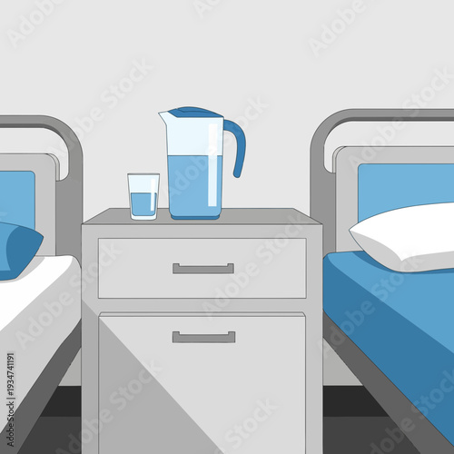 Hospital Room Depiction: Minimalist Illustration Of Empty Beds And Hydration Station Setup