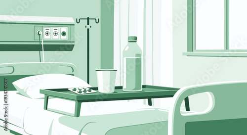 Hospital Room Depiction, Illustrative Design Featuring a Bed and Medical Supplies