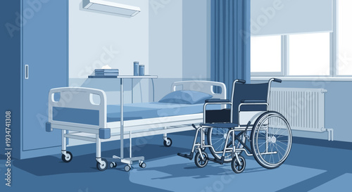 Hospital Room Depiction, Featuring Bed, Wheelchair, and Medical Equipment Representation