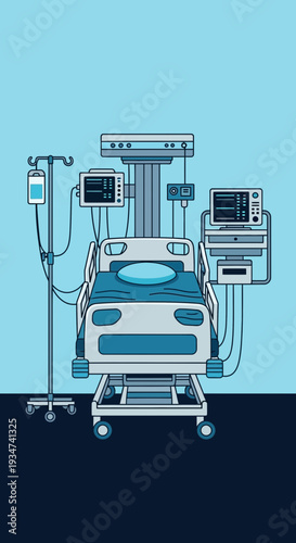 Hospital Room Illustration Featuring Medical Equipment And Patient Bed On Light Blue Background