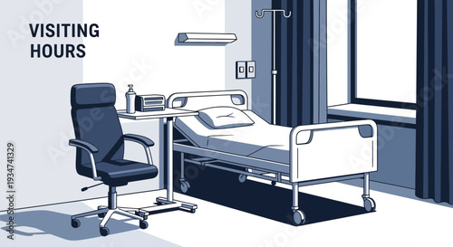 Hospital Room Depiction, Visiting Hours Sign, Medical Illustration in a Modern Monochrome Style