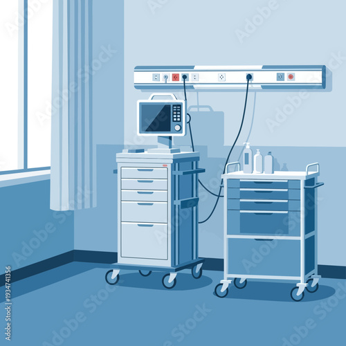 Hospital Room Illustration Featuring Medical Equipment, Clean Modern Interior, And Healthcare