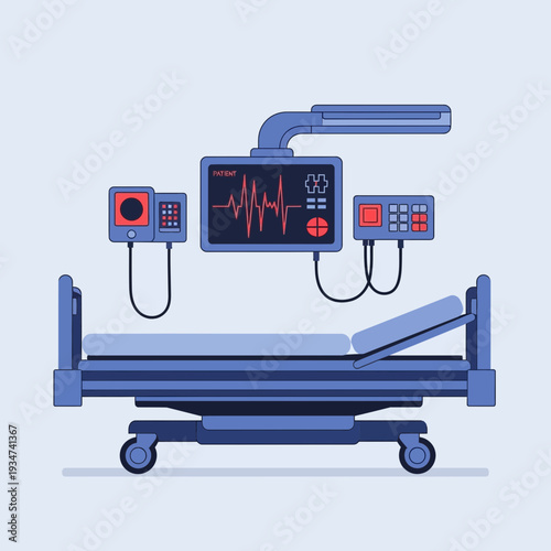 Hospital Room Equipment Illustration: Medical Bed and Monitoring Devices on Light Blue Background