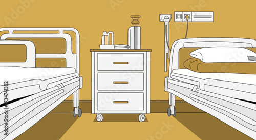 Hospital Room Illustration Featuring Two Beds And A Nightstand With Medical Supplies