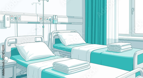 Hospital Room Illustration Featuring Two Beds, Soft Pillows, And Medical Equipment