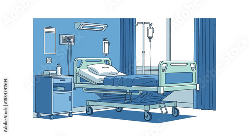 Hospital Room Illustration Featuring A Bed, Drip, And Medical Equipment In Blue Tones