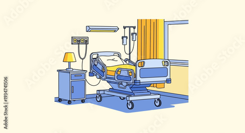 Hospital Room Illustration Featuring A Bedside Table, Bed, And Medical Equipment