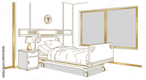 Hospital Room Illustration Featuring A Bedside Lamp and Medical Symbol Artwork
