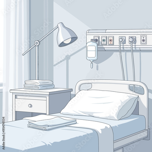 Hospital Room Illustration Featuring Bed Lamp IV Drip and Medical Equipment with a Sterile Ambiance