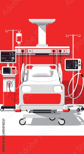 Hospital Room Illustration: Modern Medical Equipment, Sterile Environment, Patient Bed, Intensive