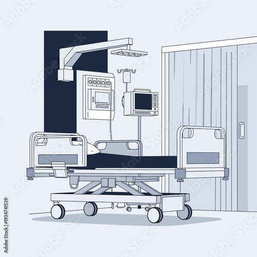Hospital Room Illustration: Modern Medical Equipment and Patient Bed with Subtle Lighting and