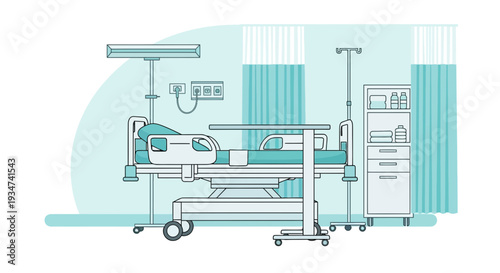 Hospital Room Illustration Featuring Bed, Curtains, Medical Equipment, and Treatment.