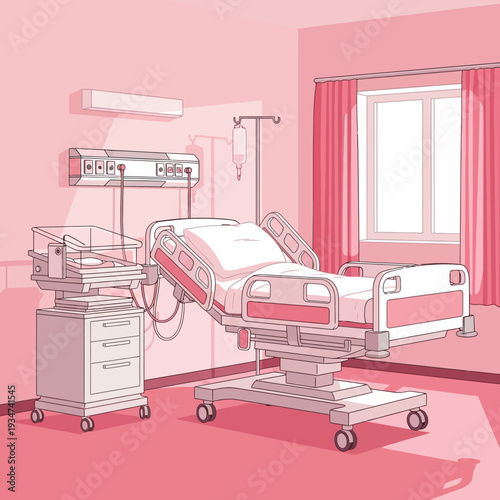 Hospital Room Illustration Featuring Bed, Infusion Stand, and Neonatal Bassinet in Pastel Colors