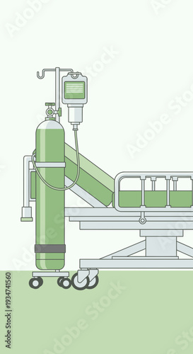 Hospital Room Illustration: Oxygen Tank And Patient Bed Depicting Medical Care And Treatment