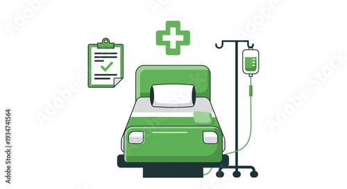 Hospital Room Illustration Featuring Bed, IV Drip, Medical Chart, and Cross Symbol Design