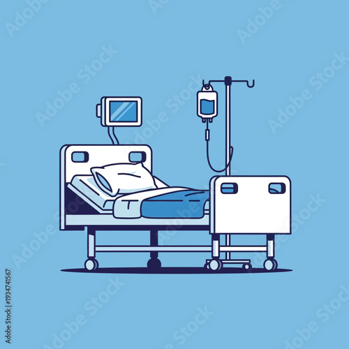 Hospital Room Illustration Showcasing Medical Bed, Infusion Drip and Patient Monitor For Health