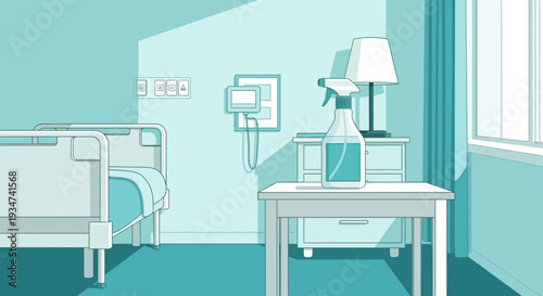 Hospital Room Illustration Showcasing Cleanliness and Safety with Sanitizing Spray Bottle