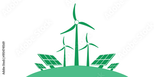 Minimalist sustainable energy illustration with wind turbines and solar panels on a green horizon.