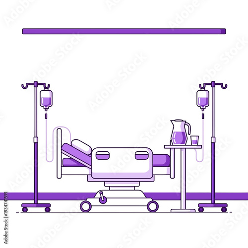 Hospital Room Illustration Showcasing Medical Bed, IV Drips, and Healthcare Equipment for Patient