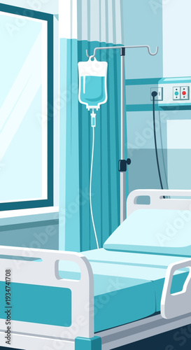 Hospital Room Interior Illustration: Bed, IV Drip, Curtains, and Window Providing Care and Recovery