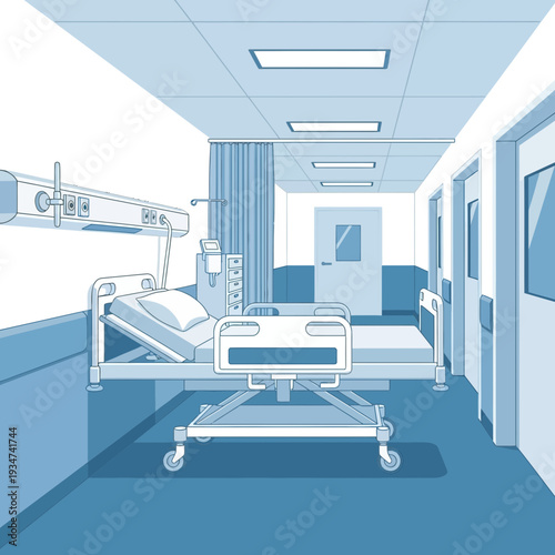 Hospital Room Interior Illustration: Clinical Corridor Perspective with Medical Bed and Equipment