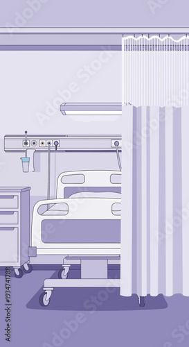 Hospital Room Interior Illustration Depicting Medical Bed and Privacy Curtain, Modern Artistic