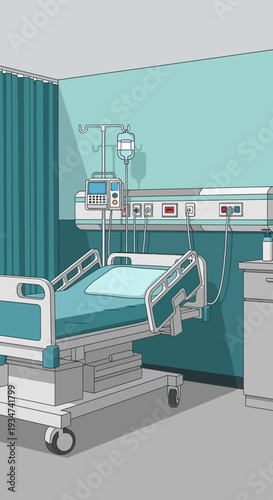 Hospital Room Interior Illustration Depicting Medical Equipment and Bed for Patient Care