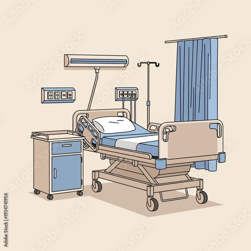 Hospital Room Interior Illustration Featuring Bed, Medical Equipment, and Curtains in a Clean