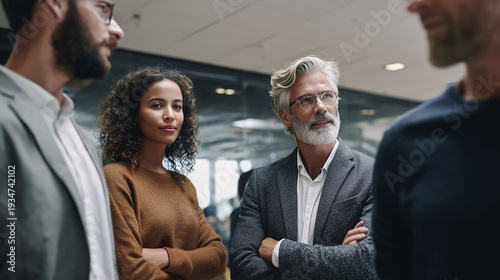 Business owners engaging in discussion modern office group meeting professional environment side view collaboration concept