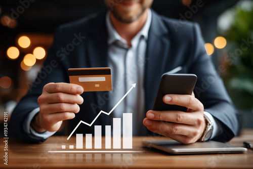 Businessman using smartphone and credit card for online financial management modern office digital banking professional environment close-up view