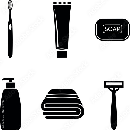 Set of bathroom and hygiene icons toothbrush, toothpaste, soap, dispenser, towel, razor