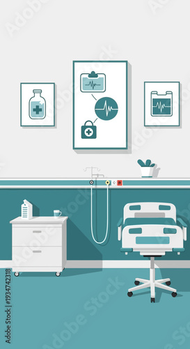 Hospital Room Interior Illustration: Modern Medical Clinic Environment with Equipment and Decor