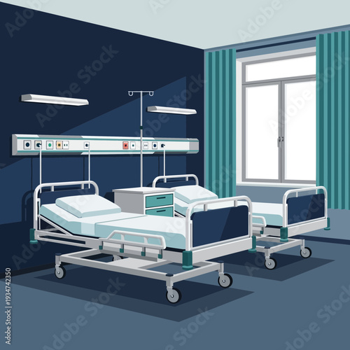 Hospital Room Interior Illustration: Modern Medical Facility with Patient Beds and Equipment