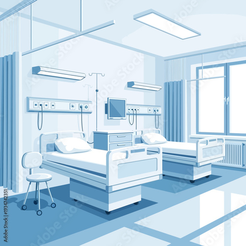Hospital Room Interior Illustration: Modern Medical Facility Design with Bright Lighting and