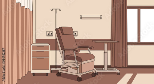 Hospital Room Interior Illustration of a Medical Chair, Table, and Necessary Equipment
