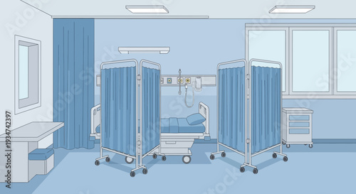 Hospital Room Interior Illustration Of a Patient Bed With Privacy Curtains and Medical Equipment