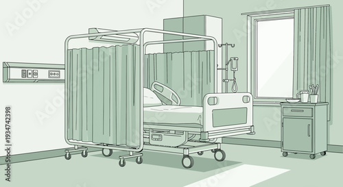 Hospital Room Interior Illustration Of a Patient Bed With Curtains and Medical Equipment