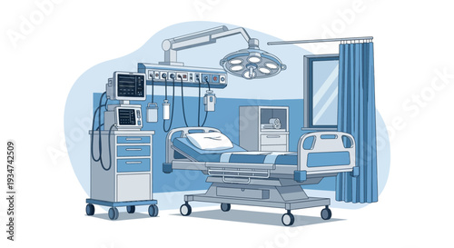 Hospital Room Interior Illustration Showing Bed With Medical Equipment and Curtains