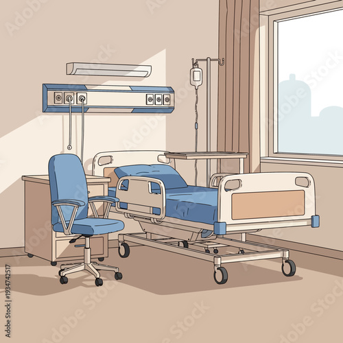 Hospital Room Interior Illustration Showing Bed, Chair, Medical Equipment, and Window Light