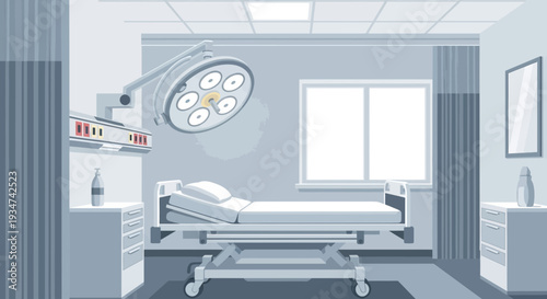 Hospital Room Interior Illustration Showing Bed With Surgical Light and Modern Design