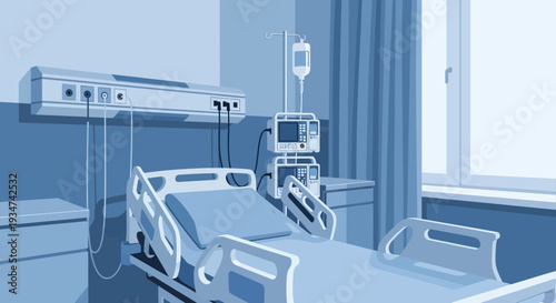 Hospital Room Interior Illustration Showing Bed With Monitors and Medical Equipment