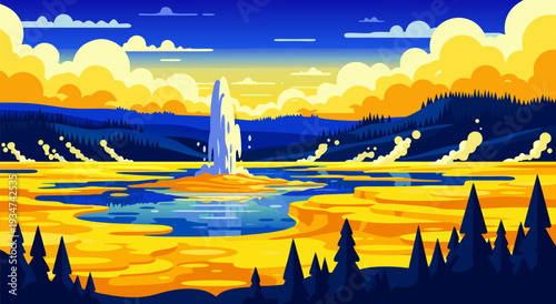 Vibrant Yellowstone Geyser Eruption Vector Illustration with Golden Hues and Dramatic Clouds, Representing Nature's Power and Scenic Beauty