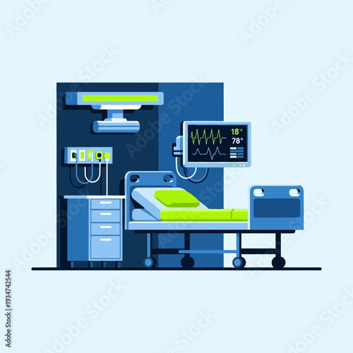 Hospital Room Interior Illustration Showing Medical Equipment and Patient Bed with Monitor Display