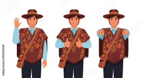 Three Diverse Poses of a Person in a Poncho, Vector Illustration for Cultural Representation