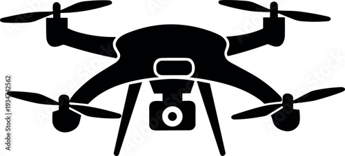 Black silhouette icon of a quadcopter drone with camera for aerial photography