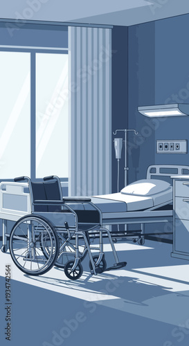 Hospital Room Interior Illustration: Wheelchair and Bed Depicting Patient Care in Medical