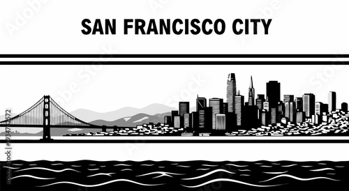 San Francisco Cityscape Illustration Vector - Iconic Skyline and Golden Gate Bridge Art