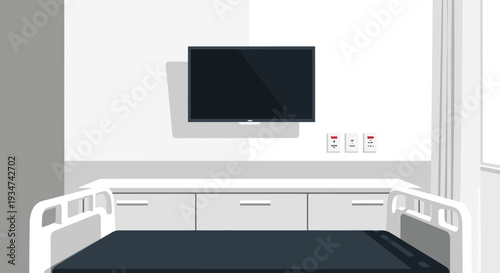 Hospital Room Interior Illustration With Bed Television and Minimalistic Design Details