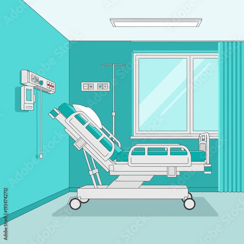 Hospital Room Interior Illustration With Medical Bed, Equipment, And Window Perspective Scene