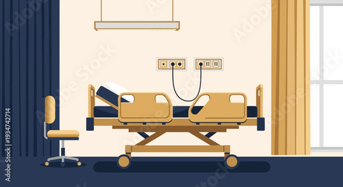 Hospital Room Interior Illustration With Bed, Chair, and Curtains in Flat Design